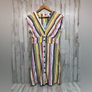 Loft 4P NWT Striped Button Up V Neck Dress Knee Length Bold Petite